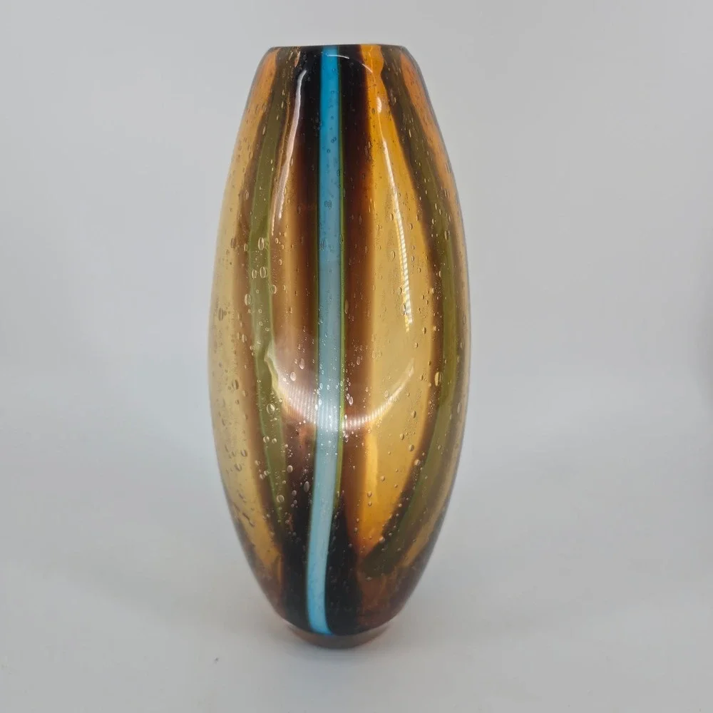 Art Glass Sommerso Pier One Vase Amber Blue Controlled Bubble MCM Style